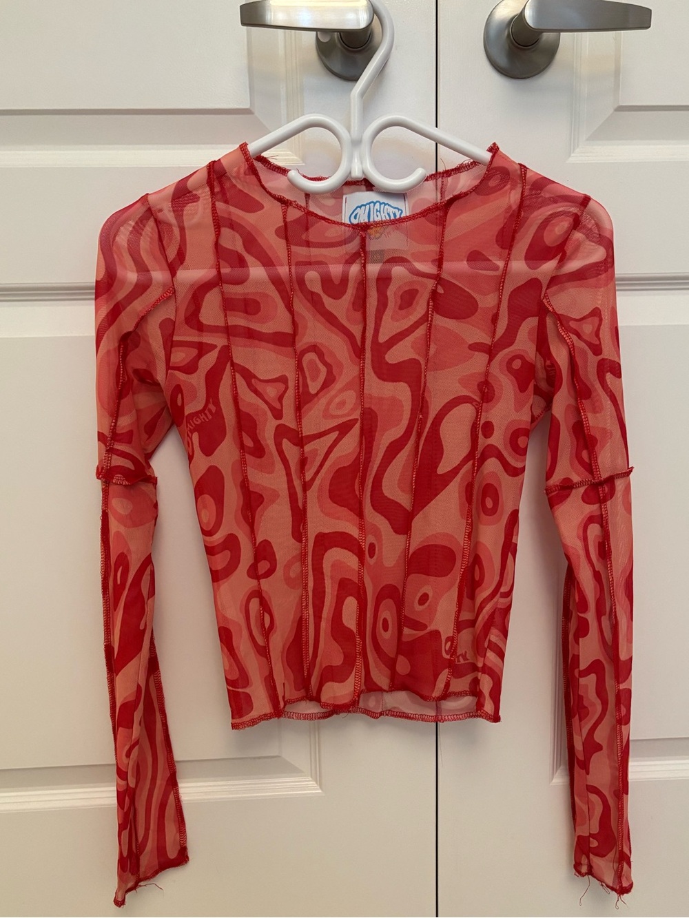 omighty Red Sheer Long-Sleeve Patterned Mesh Top